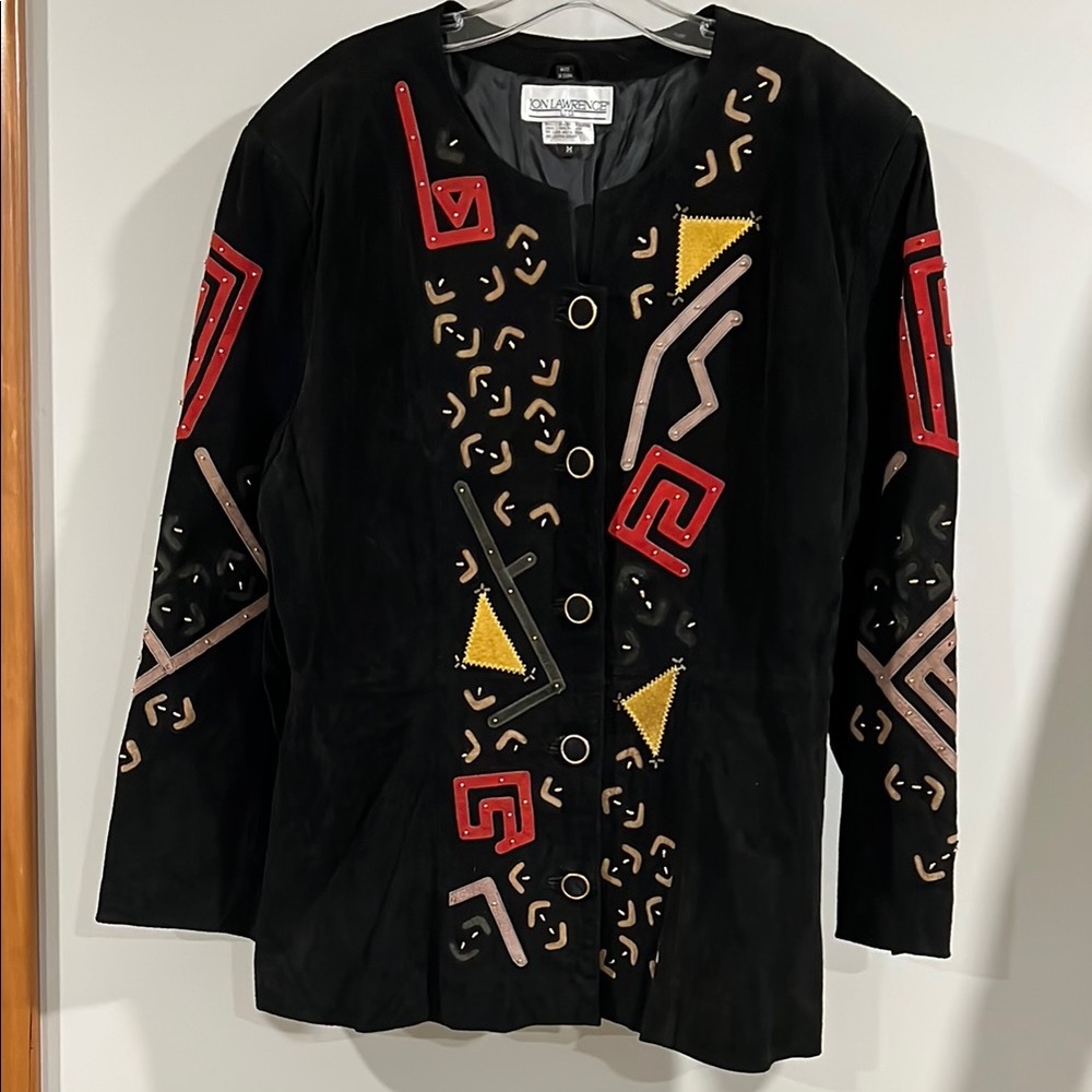 Jon Lawrence‎ Ltd - m, black/tan/red suede jacket, 80s